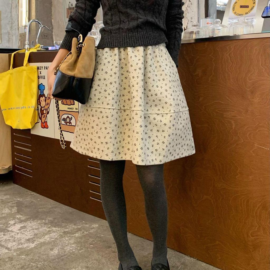 Women's Korean Retro Floral A-line Puffy Skirt - Gray, Autumn/Winter