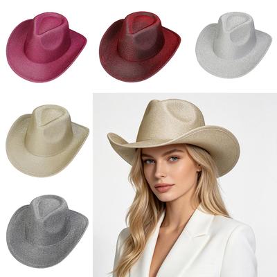 Glitter Western Cowboy Hat, Two‑Styles Teardrop / One‑Top Crown Cowgirl Hat, Detachable Hat Band, Party Costume Hat for Men Women One Size 56‑58cm