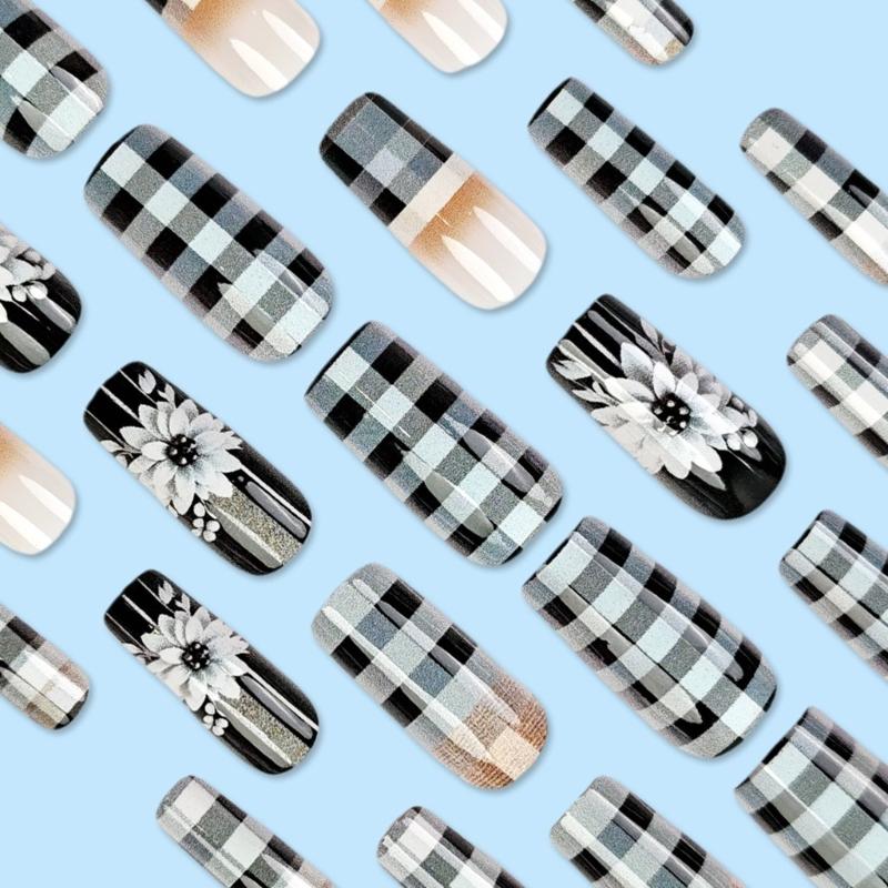 24 Pcs Checkerboard Press On Nail Medium Square False Nail White Flowers Acrylic Nail French Full Cover Stick On Nail