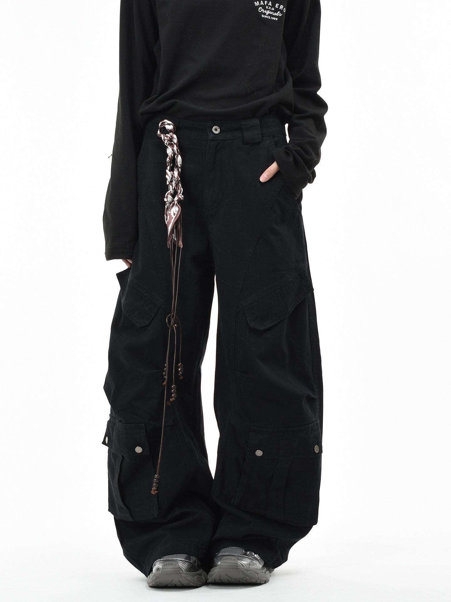 Unisex Retro Loose-Fit Multi-Pocket Wide-Leg Washed Workwear Pants XL чёрный