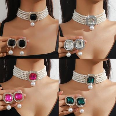 Pack Of 1 Set Elegant Multilayer Faux Pearls And Geometric Crystal Necklace and Earrings Set For Women Lady