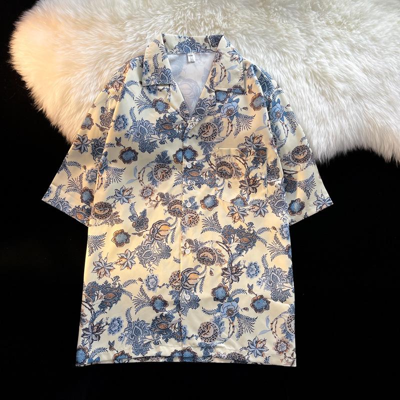 Unisex Vintage Kubakrage Blomsterskjorte - Løs passform, Hong Kong-stil, Kort erm, Perfekt for strand og par