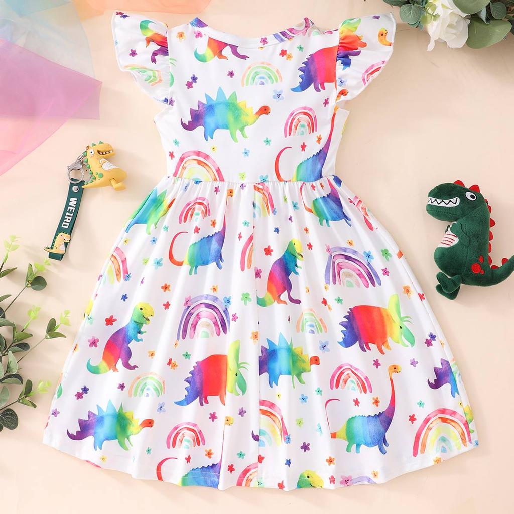 Preschool Dress Cartoon Dinosaur Butterfly Princess Summer Ruffled Sleeves Tie Dyed Rainbow Party Set
