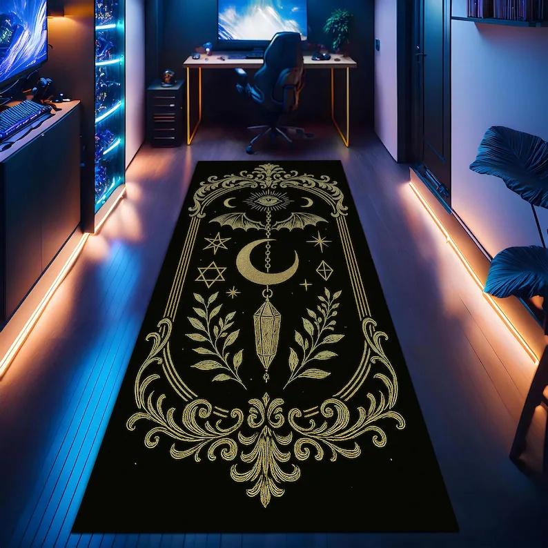Gothic Dark Runner Rug Owl Moon Black Gold High-end Carpet Porch Corridor Foyer Floor Mat Home Decoration