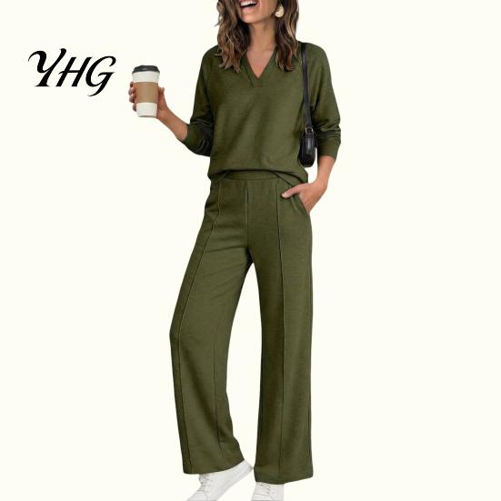 Wide Leg Trousers Women Sweatshirt Pants 2-Piece Set, V-Neck Long Sleeve Top & Fabric Fitness Clothing with Elastic Waist, Solid Color Matching Lounge
