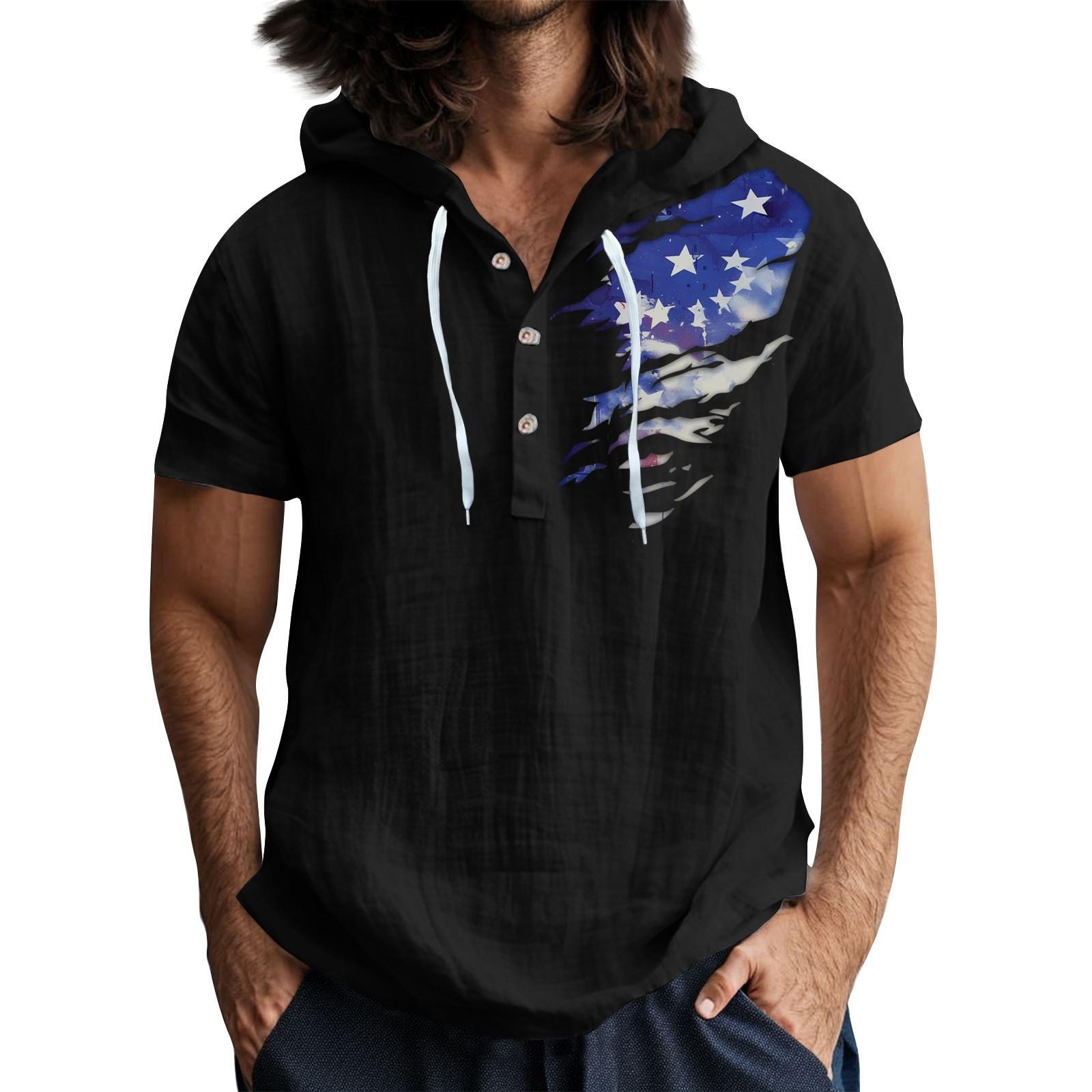 

Мужская повседневная футболка с короткими рукавами, капюшоном и открытым воротом на пуговицах M чёрный