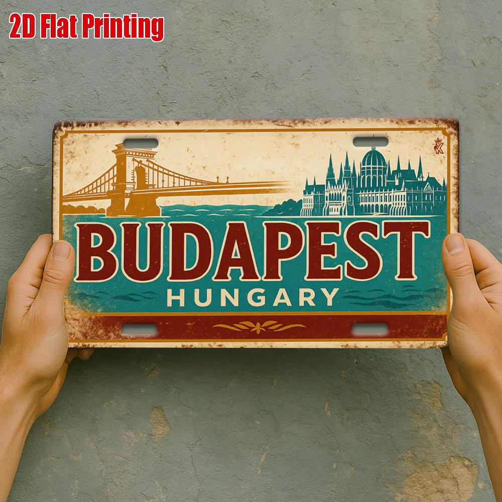 2D Flat One-Piece Budapest Bridge Scene Metal License Plate, Perfect for Galleries, Lofts, Living Rooms, and Feature Walls