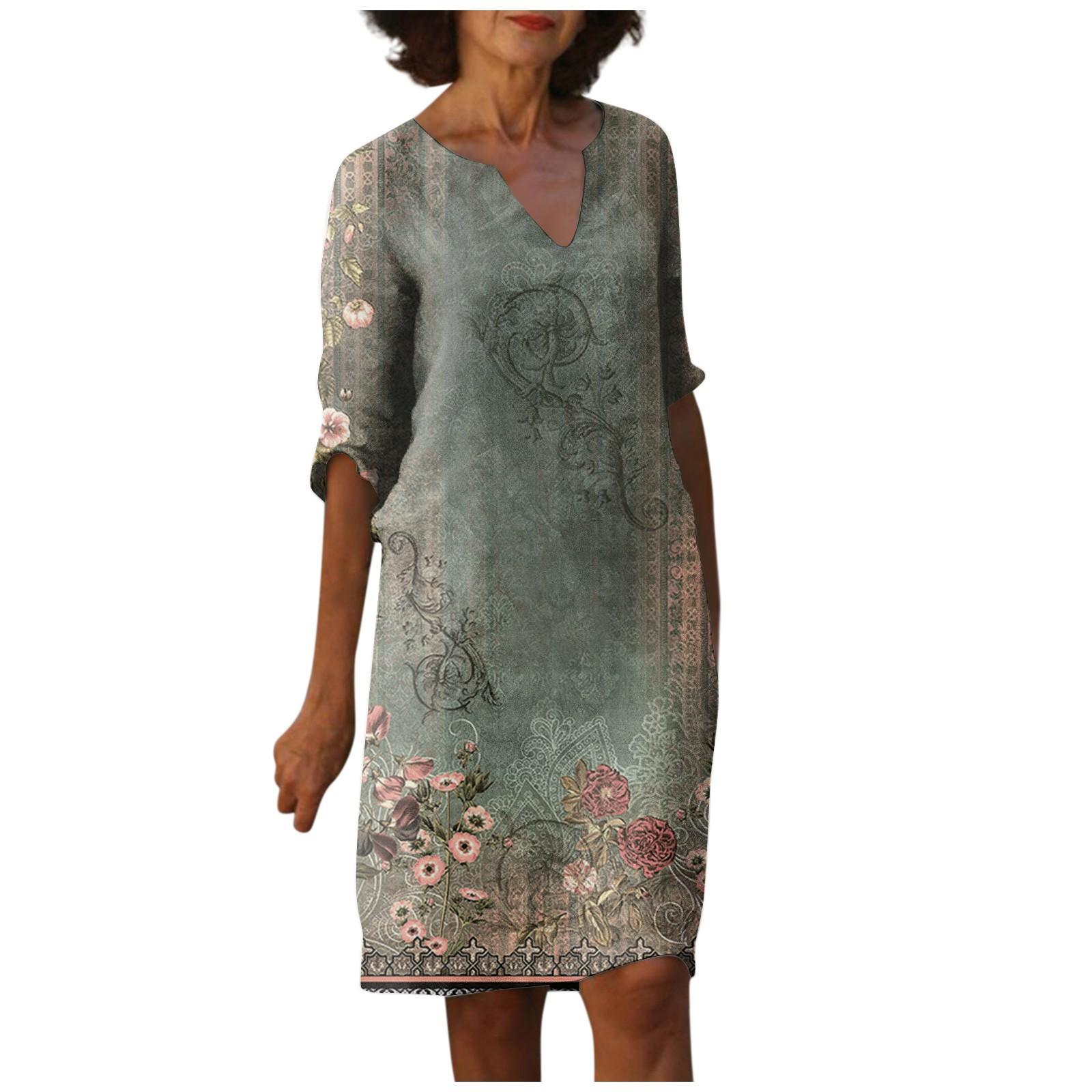 

Женские летние винтажные платья с цветочным принтом и v-образным вырезом до половины рукава, платья L армия зеленый