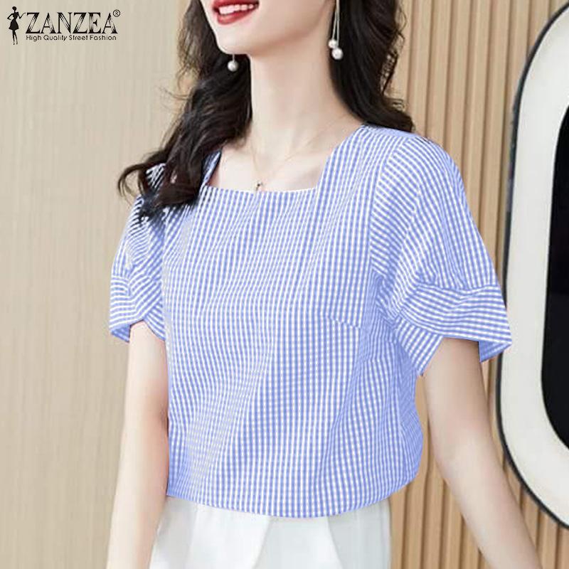 ZANZEA Women Square Collar Short Sleeve Casual Grid Print Blouse