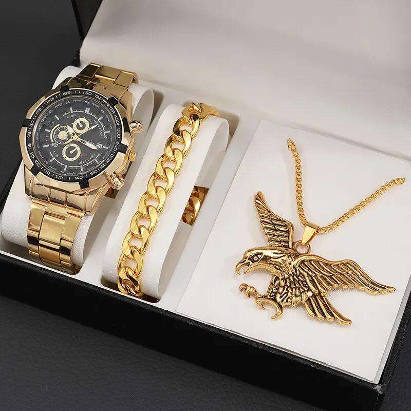 3PCS Set Luxury Men s Watch Men s Business Quartz Watch + Men s Bracelet + Necklace