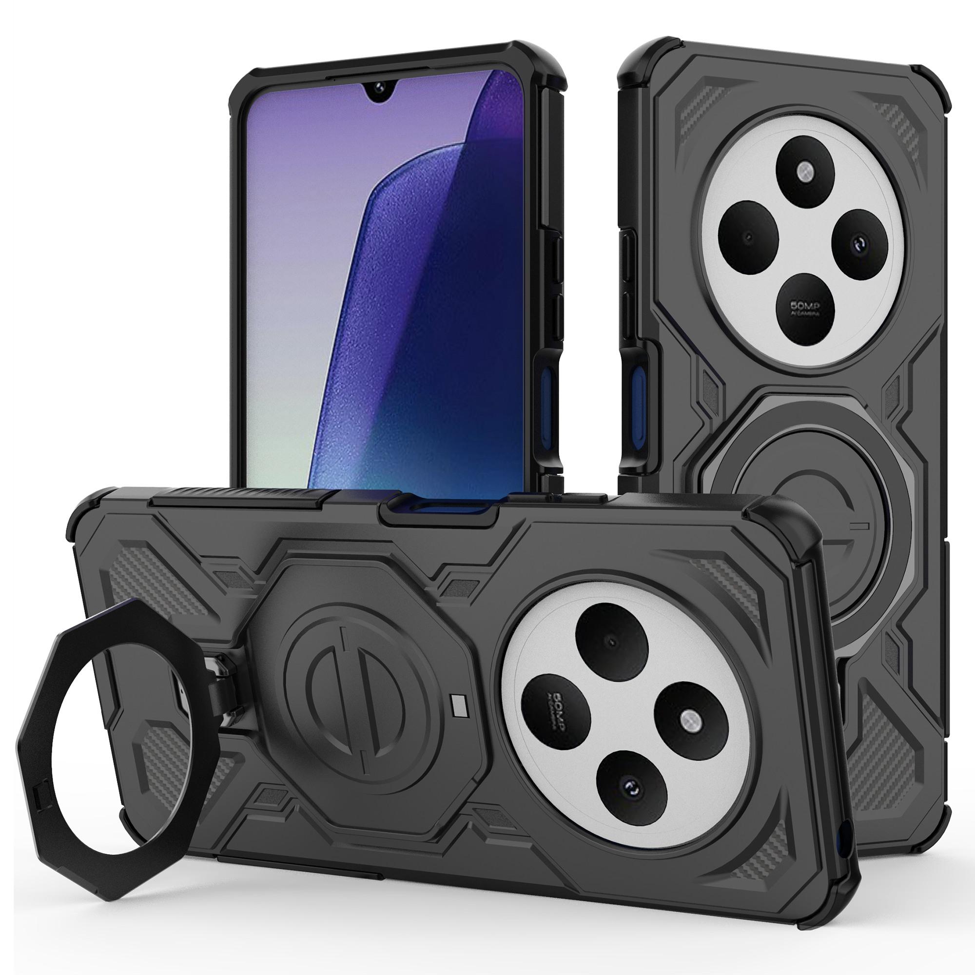 

Magnetic Case for Xiaomi Redmi 14C 4G/14R 5G/Poco C75 4G Rotating Metal Kickstand PC+TPU Phone Back Cover Black