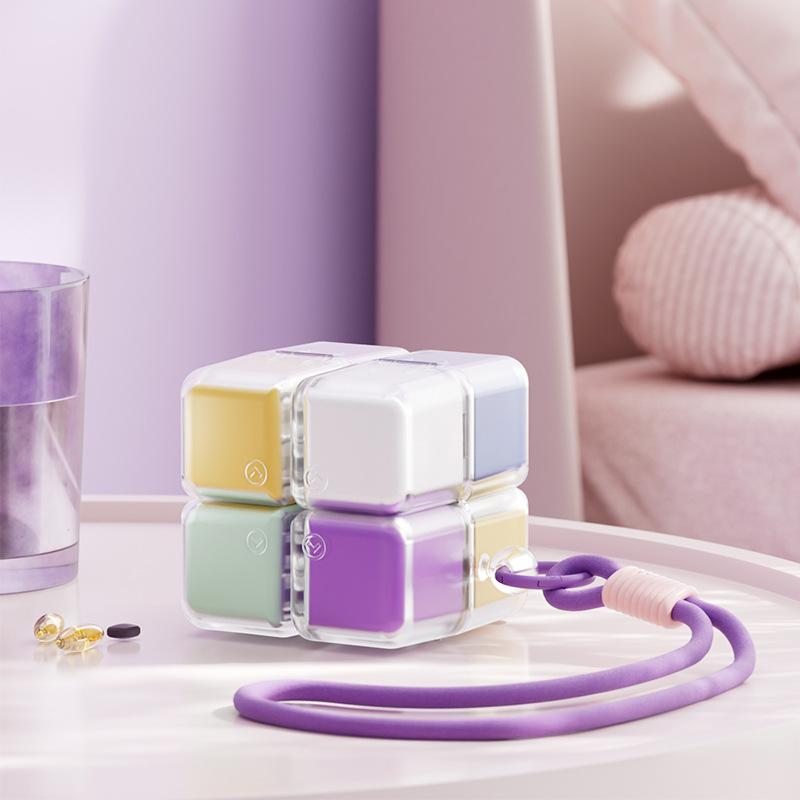 Magic Cube Pill Box With Lanyard Portable Pill Box Medicine Packaging Box Suitable For Pocket Travel Vitamin Tablet Storage Box