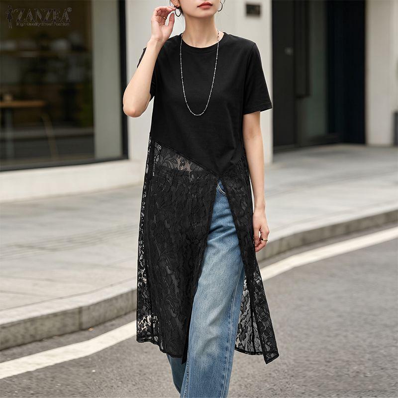 ZANZEA T-shirt Lunghe Casual da Donna Estive con Maniche Corte e Girocollo, Cuciture in Pizzo Irregolare