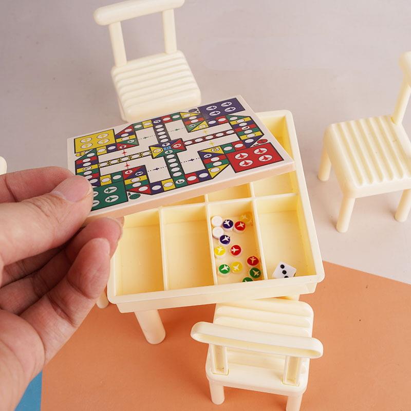 1Set Miniature Chess Table With Chair Mini Flying Chess Ludo Board Game Model Simulation Chessboard Dollhouse Decor Accessories