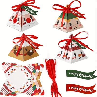 50pcs Christmas Candy Boxes - Gift Bags with 6 Styles, Ribbon, Triangle Design, and Xmas Paper for Party Supplies and Treat Packaging