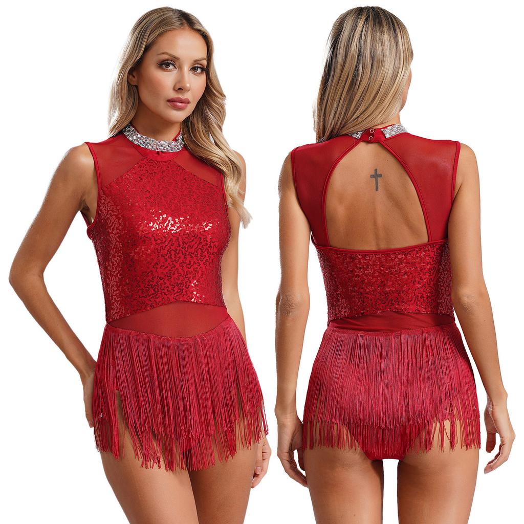 Frauen Pailletten Latin Jazz Dance Kostüm Ärmelloses Ausschnitt Zurück Flowy Quaste Kleid Trikot Ballett Dancewear