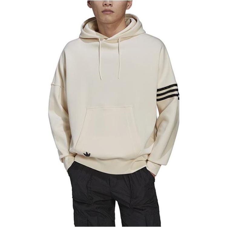 Adidas Originals Trefoil Logo Print Stripe Drawstring Hoodie With Long Sleeves Men Hoodie Beige HM1870