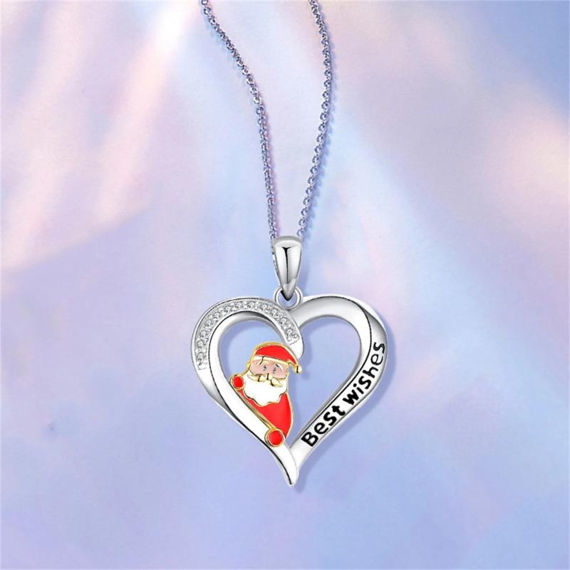 Santa Elk Love Heart Necklace For Women Trendy Clavicle Chain Temperament Hanging Neck Jewelry Dainty Necklace Christmas Gifts
