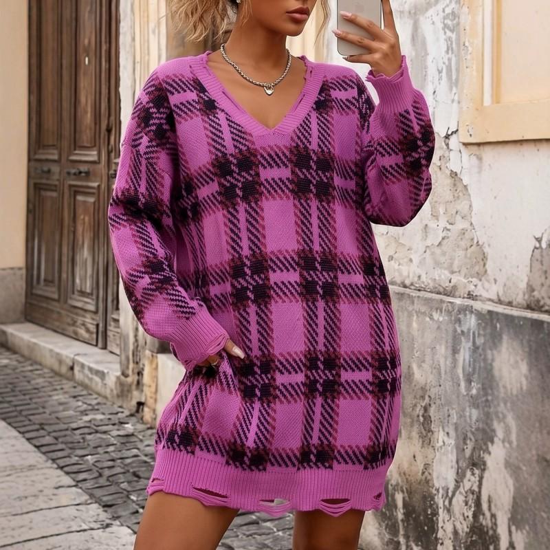 Womens Winter Knit Dress Loose Fit V-Neck Long Sleeve Plaid Color Block Midi Sweater