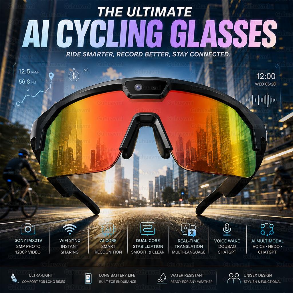 Sport Smart Glasses with 4K HD Anti-Shake Camera &3D Stereo Speakers Polarized UV400 Sunglasses Bluetooth AI Outdoors Video POV