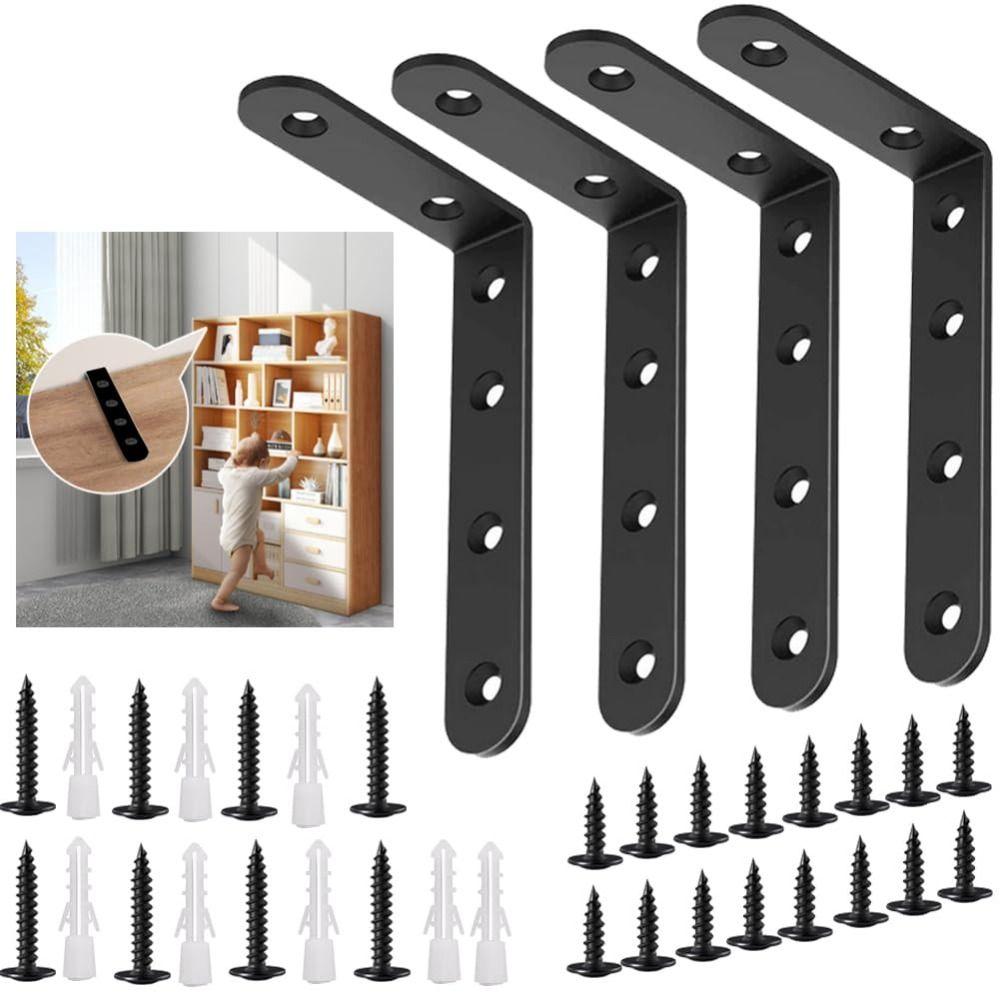 4Pcs Black Furniture Anchors 5"x3" Falling Prevention Baby Proofing Kit L-shaped Support Furniture Wall Anchor