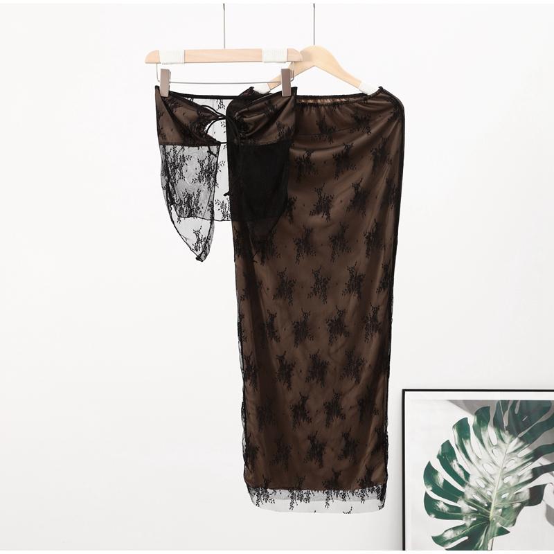 

Сексуальные комплекты юбок без бретелек с кружевным принтом, женский прозрачный укороченный топ, длинная юбка, одинаковый комплект, женский костюм из двух предметов для ночного клуба M чёрный