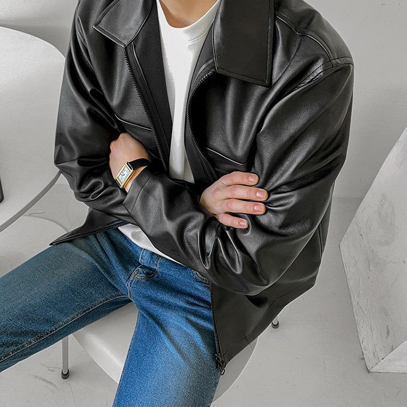 Herren Lederjacke Frühling Locker Vielseitig Oberteil Koreanischer Stil Gutaussehend Retro Revers