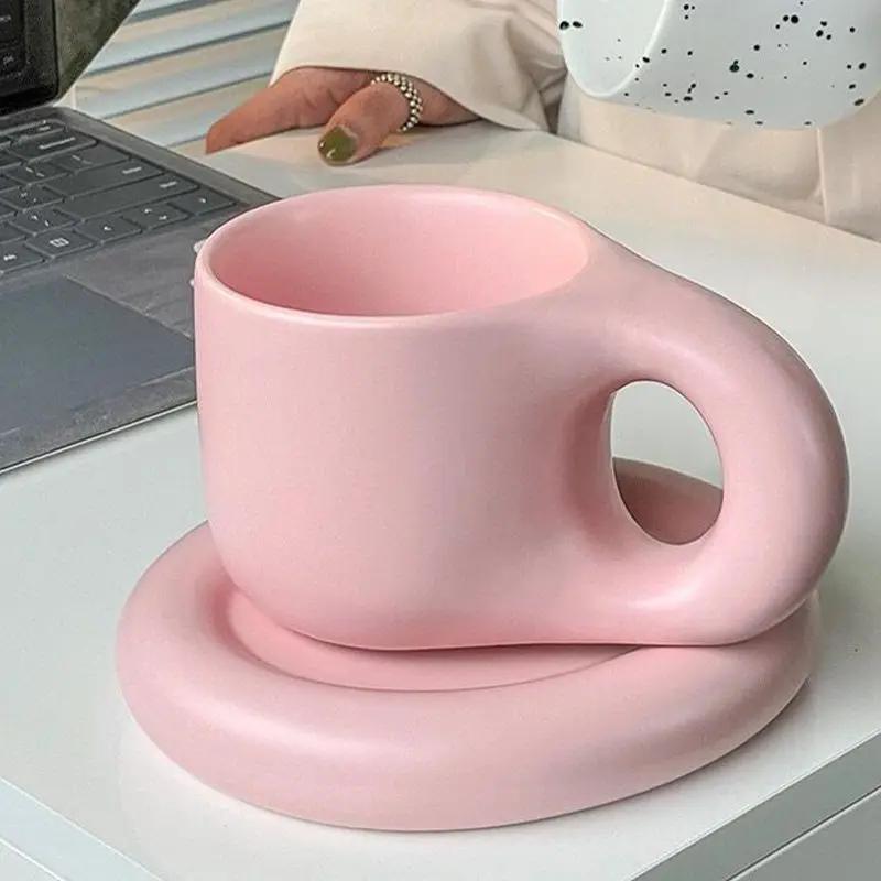 Taza de Leche Chubby y Juego de Platillo para Oficina y Hogar Apariencia Alta Nicho Taza de Café Gorda 9 Oz Taza de Café para Latte Té Leche Regalos