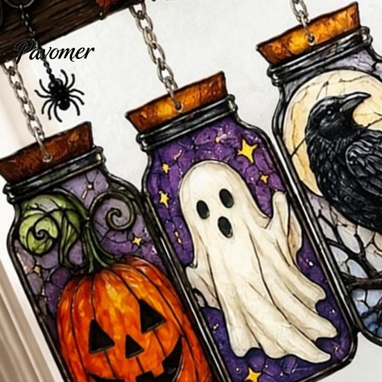 Transparent Three Dimensional Decor Halloween Acrylic Suncatcher, Stained Glass Style Pumpkin Ghost Potion Bottles Window Creative Hanging Gift Ideas