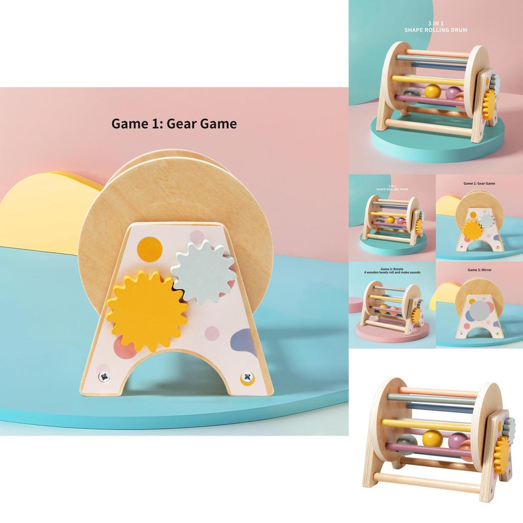 Wooden Montessori Threeinone Desktop Rattling Drum For Toddlers Educational Toy