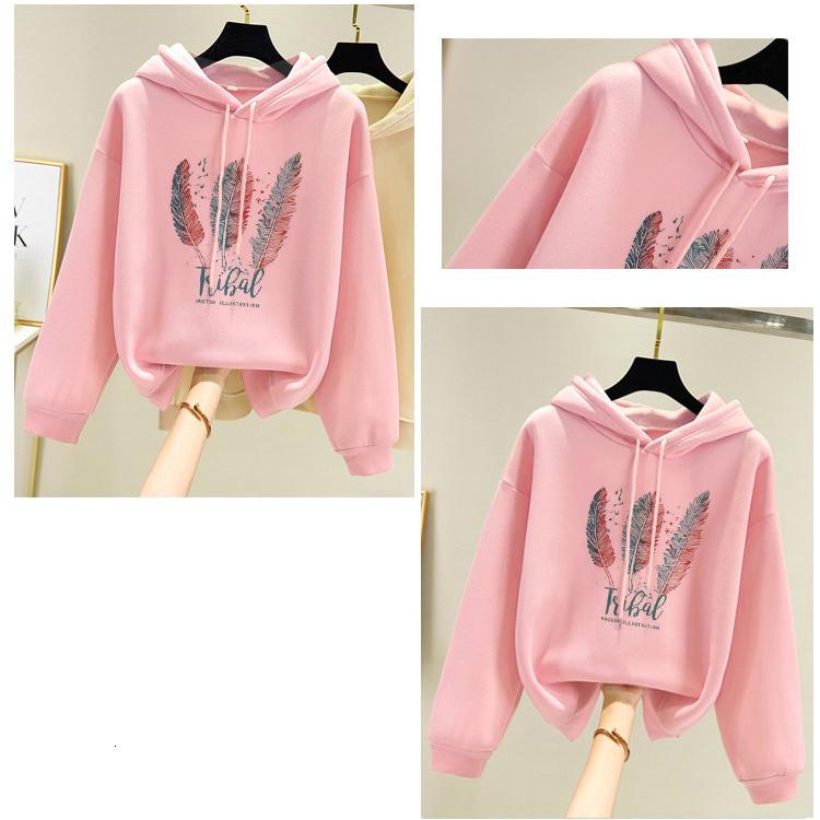 Women Fashion Feather Printed Hoodies Autumn Winter Plus Velvet Casual Loose Hoodie Sweatshirt
