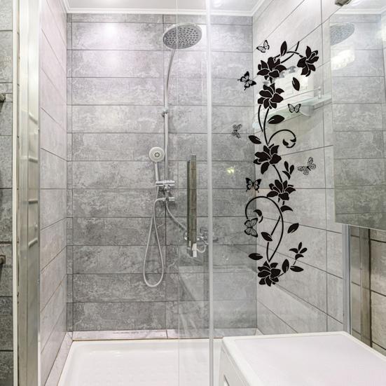 Yousheng Black Flower Butterfly Glass Sticker Waterproof PVC Removable Self-Adhesive Bathroom Wall Door Floral Art Decorative Decal
