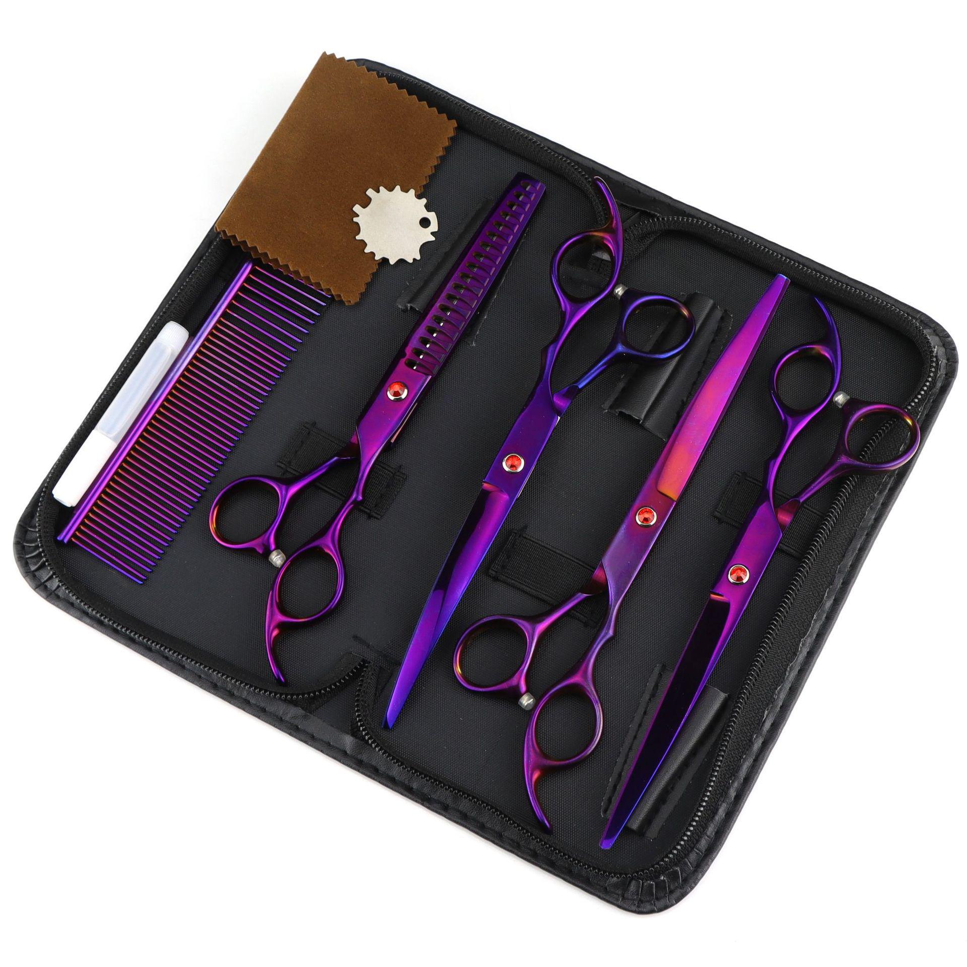 7.0-Inch Color Pet Grooming Scissors Set - 4-Piece: Straight, Curved, Fishbone, Thinning Scissors - Customizable Logo.