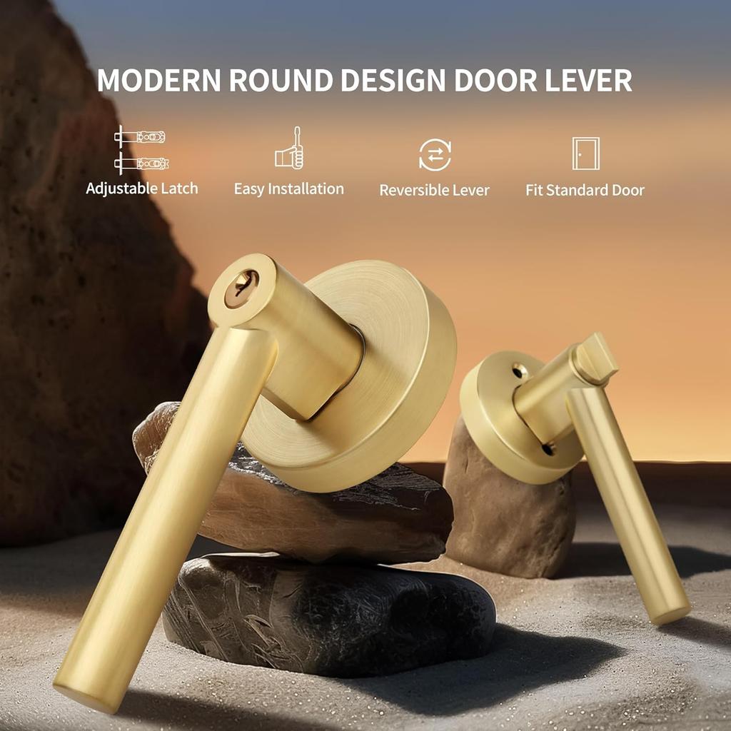 Moquin Brass Gold Heavy Duty Round Design Door Lever, Keyed Entry Door Handle in Gold, Reversible Door Lock for Front Entrance Door