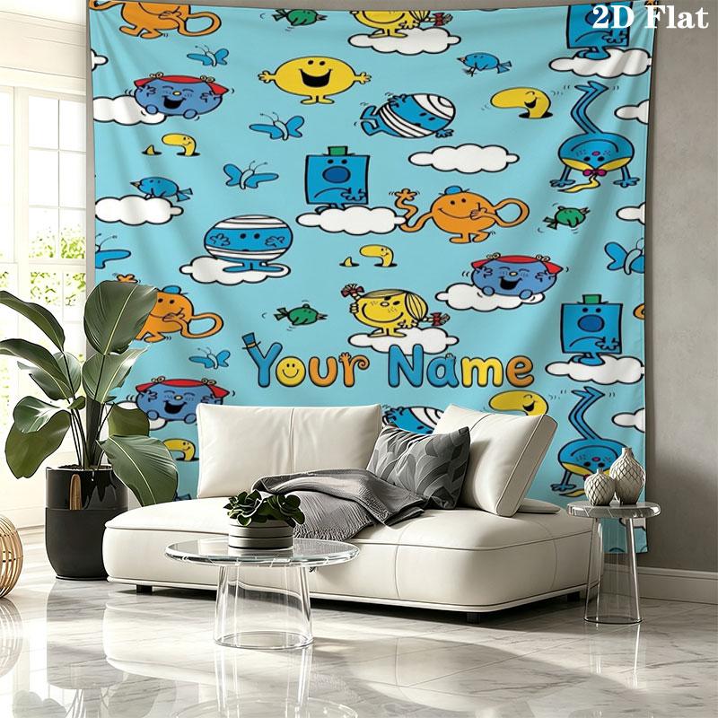 Mr. Men Little Miss Custom Name Wall Tapestry Aesthetic Wall Hanging Printed Fabric Blanket Decorative Tapestries for Bedroom Living Room Home Decor