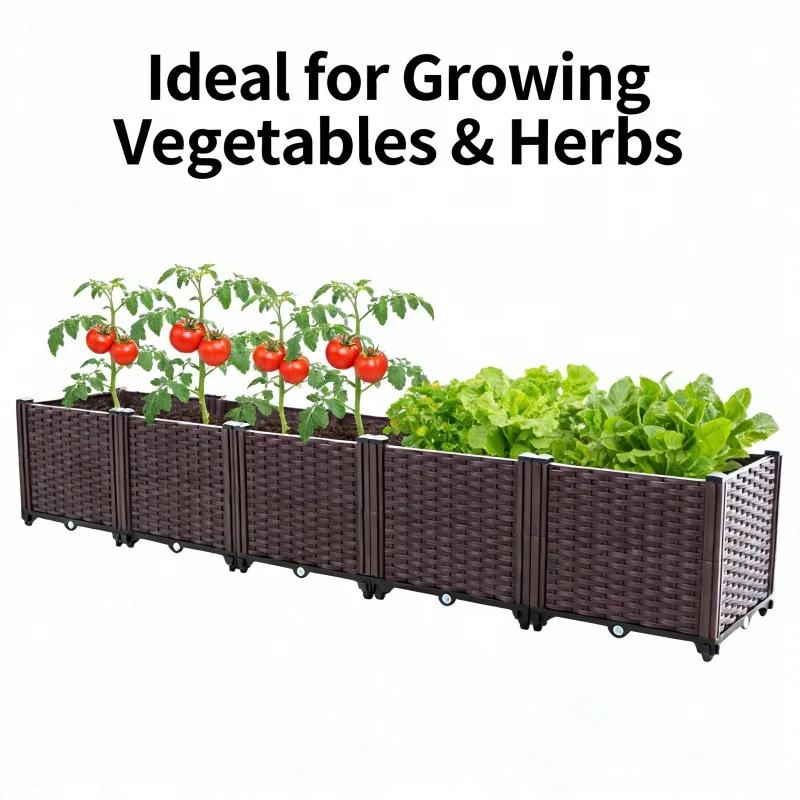 Large Deep 5-Cell Planter Box 185x37x34 Cm Outdoor Vegetable Garden Bed Thick Plastic Raised Container for Balcony Patio