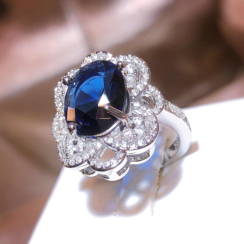New Imitation Natural Sugar Tower Sapphire Full Diamond Opening Ring Women 925 Stamp Luxury Temperament Party Wedding Gift