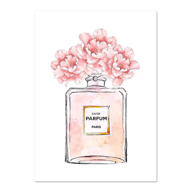 Pósteres de moda con diseño de botella de perfume de flores, impresiones de belleza, cita "Begins", pintura en lienzo, arte de pared de acuarela, imágenes para decoración del dormitorio y el hogar