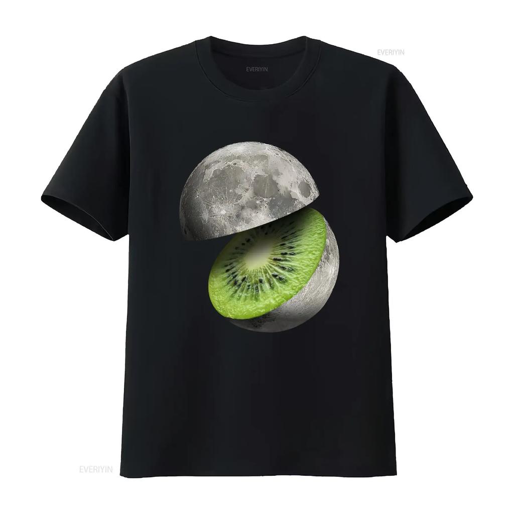 Moon Cut Kiwi Planet Space Fruit T Shirt for Adults Unique Astronomy Design vintage Washed Top For Everyday Wear Stretched