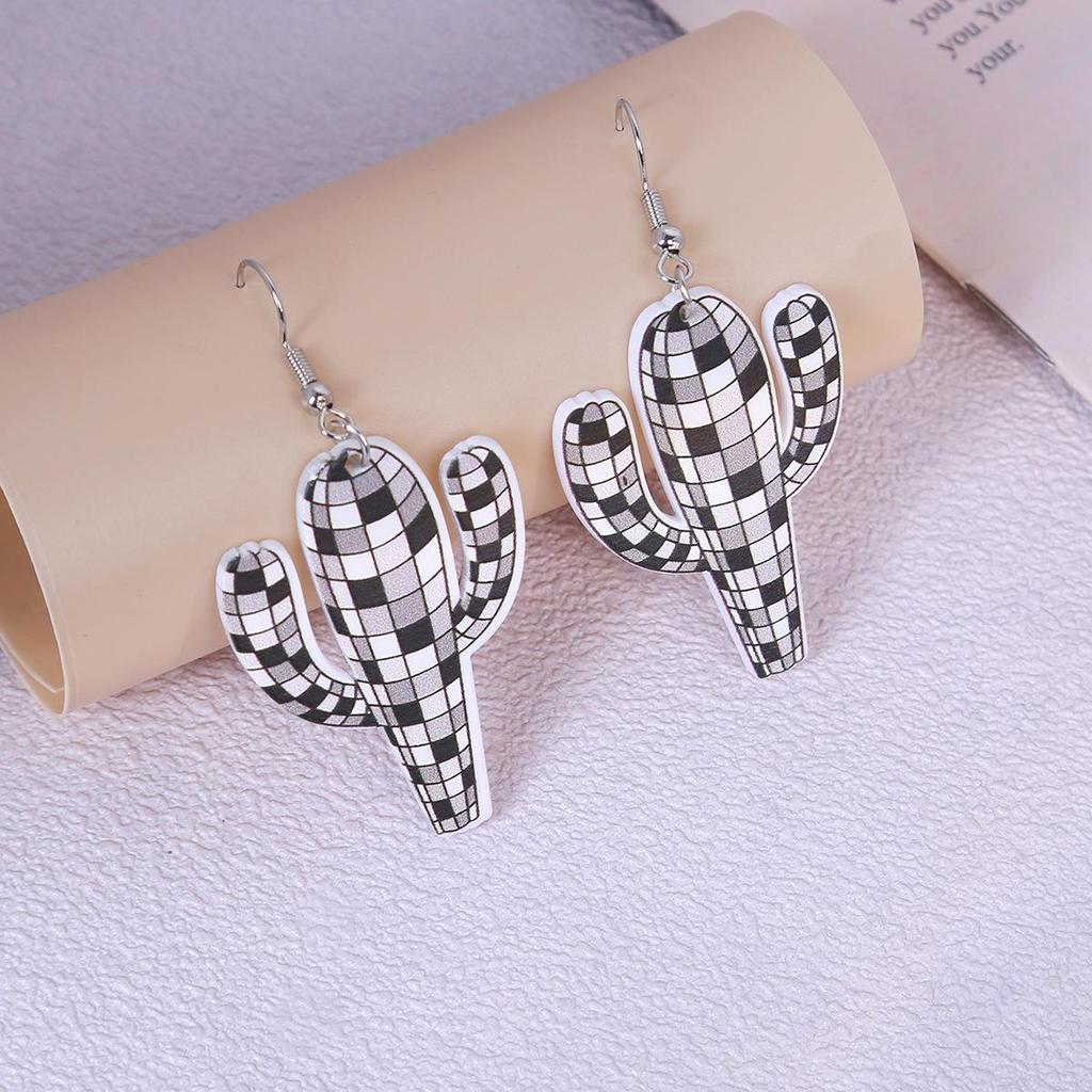 Plaid & Cow Print Acrylic Cactus Earrings for Women