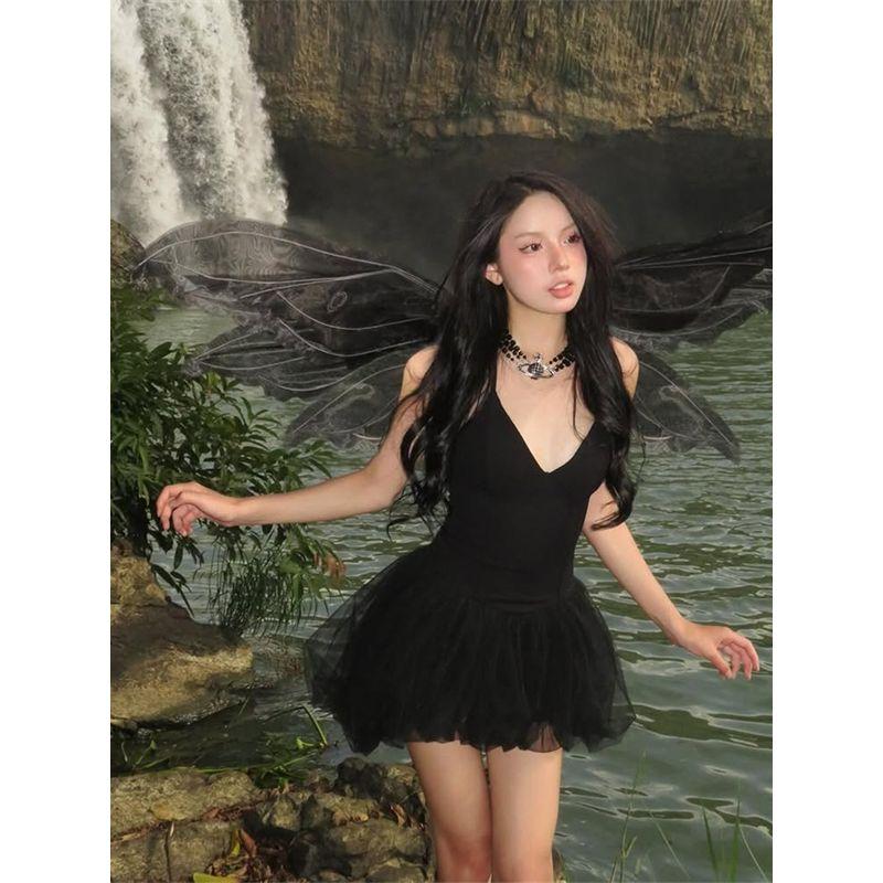 Shemoda Elegant Sexy Deep V Neck High Waist Silm Mesh Splicing Sling Dress Princess Puff Short Skirt