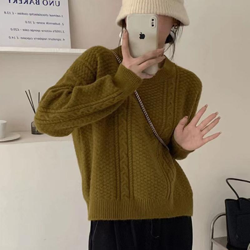 

Женский однотонный вязаный пуловер с длинным рукавом и круглым вырезом, осенне-зимний свитер дубильная кора