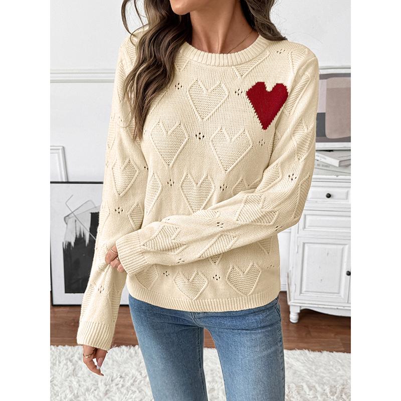 Autumn Round Neck Contrasting Color Heart Jacquard Knitted Sweater for Women s Casual Simple Hollow Out Versatile Sweater L бежевый 2100₽