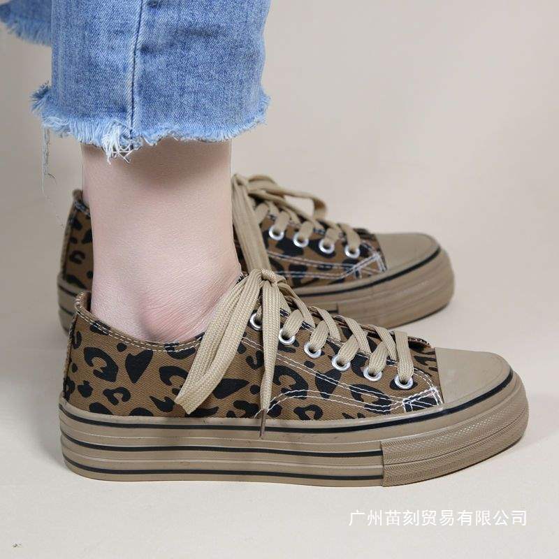 Canvas shoes women's spring and autumn leopard print trend Korean version of campus sports shoes thick-soled high street muffin bottom thick-soled ins