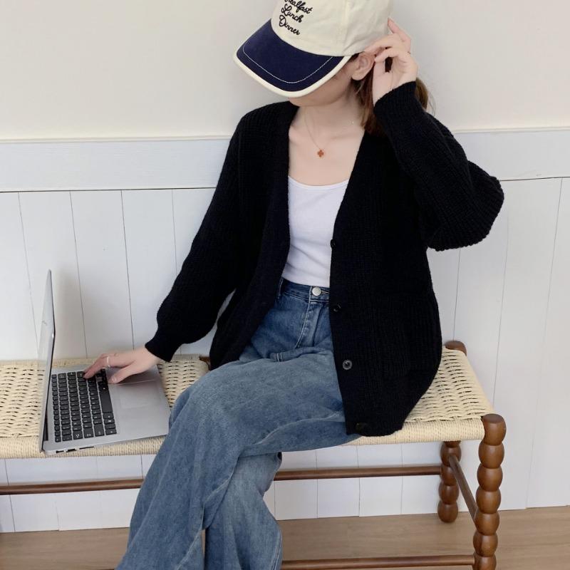

Ленивый ветер вязаный кардиган свитер куртка женская осень и зима новый гонконгский стиль вязаный кардиган женский топ One size чёрный