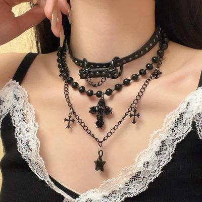 Goth Cross Pendant Necklace Women's Punk Style Fashion Jewelry Accessory Multilayer Chain Choker Necklaces