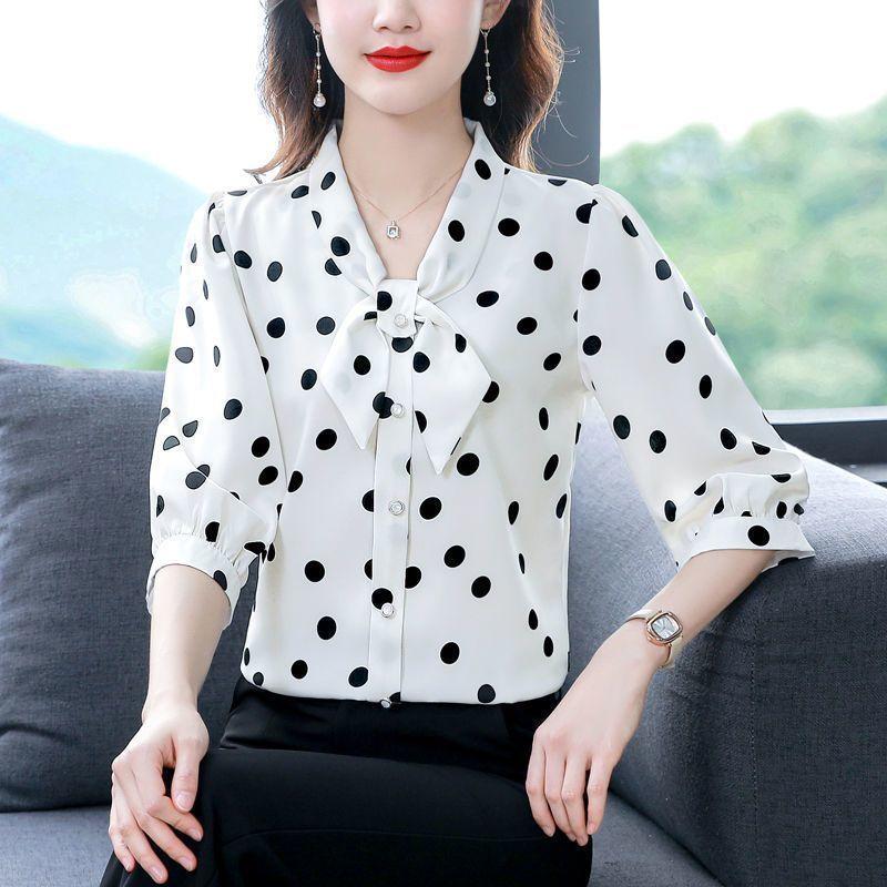 Modisches, viertelärmeliges Chiffon-Hemd mit Schalkragen, bodenlange Bluse, schmale Passform, Sommer, dünnes, kurzes Polka-Dot-Print-Top, M-5XL