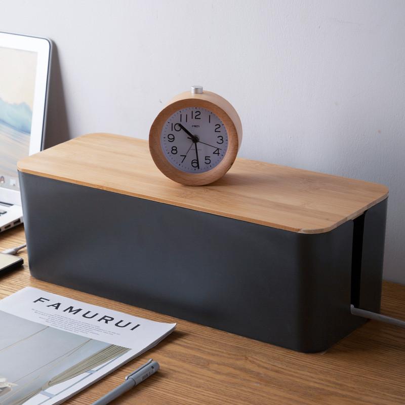 Wood Grain Desk Cable Organizer With Lid For Home Office And Bedroom Storage