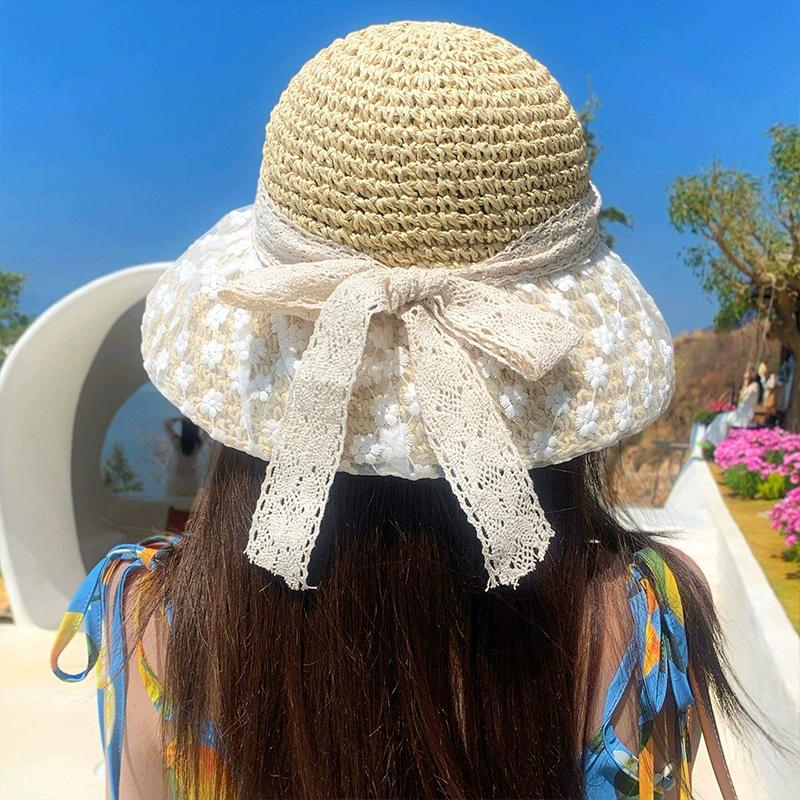 New Summer Women'S Fishing Hat Sun Protection Hat Lace Trim Beach Straw Hat Breathable And Stylish