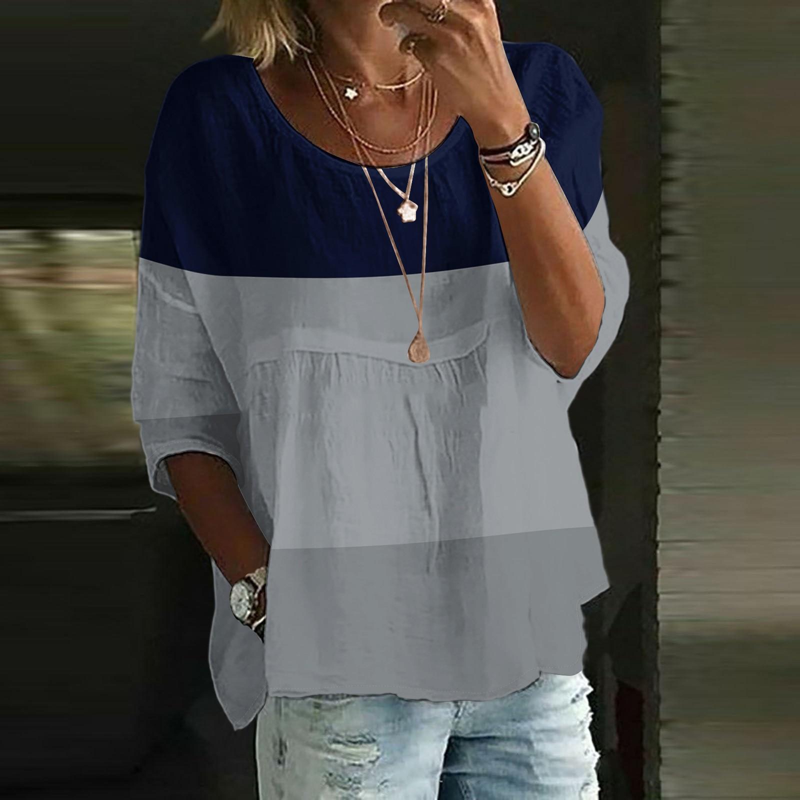 

Льняные рубашки для женщин с рукавом 3/4 на пуговицах с круглым вырезом летние топы нарядные повседневные милые рубашки L тёмно-синий